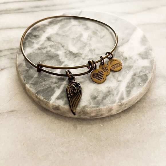 Alex and Ani Angel Wing Charm Bracelet Dark Bronze Gold Toned Metal Slide - Picture 2 of 3
